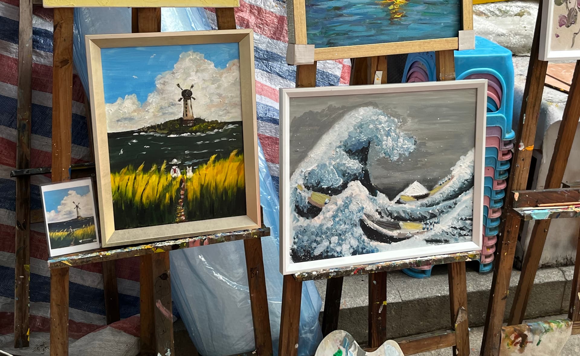 mom's (left), mine (right) with 美星艺术家 at Dafen